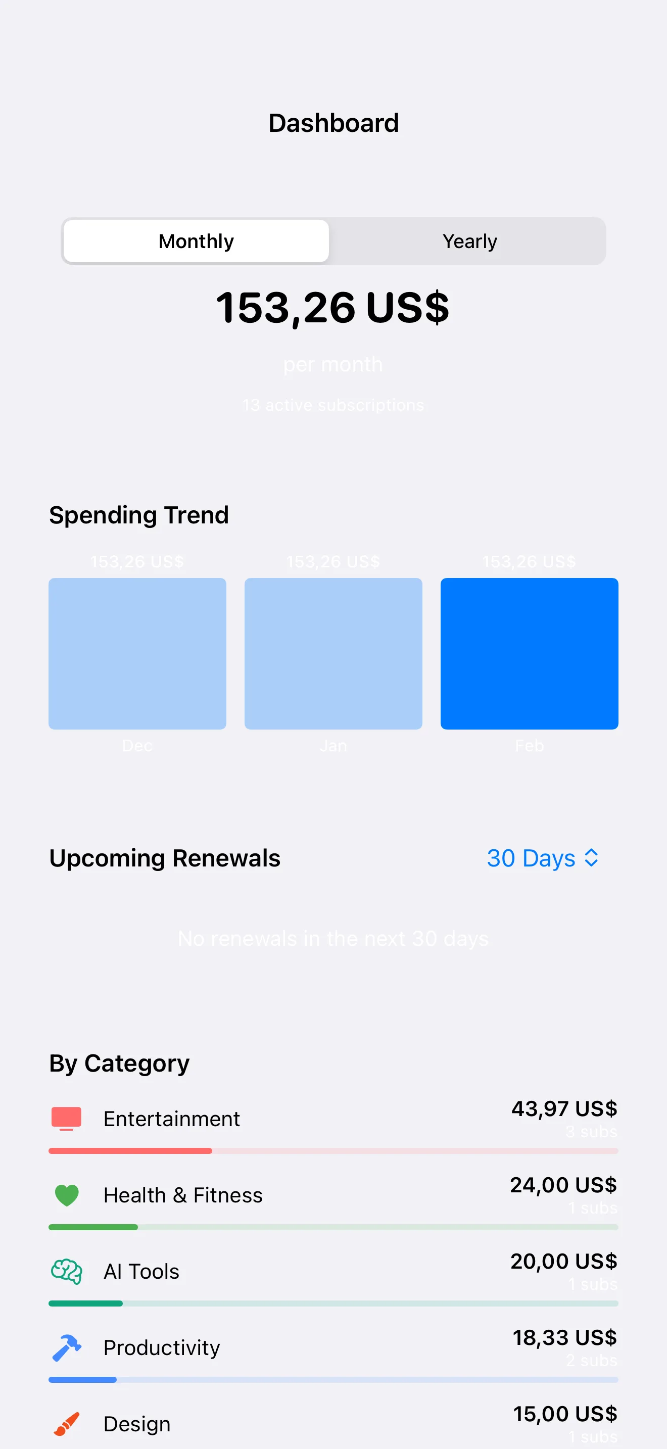 SubTracker Dashboard screen