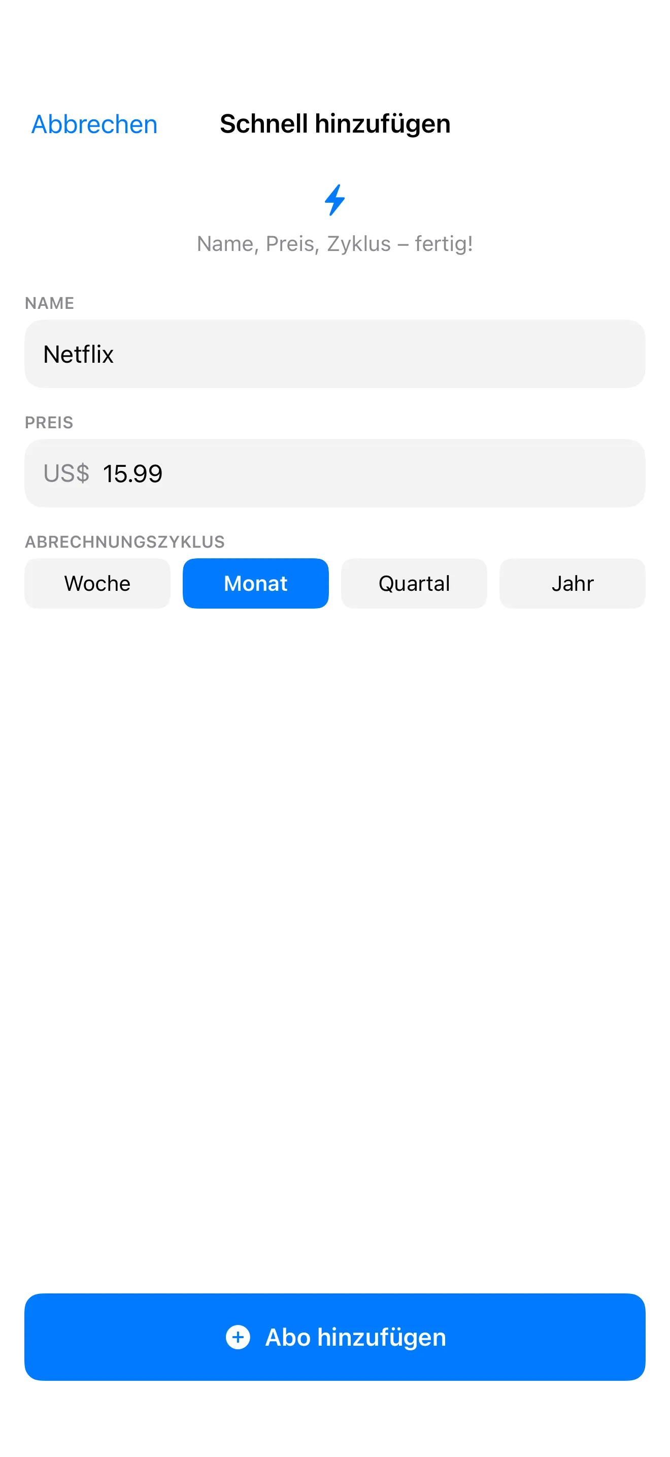 SubTracker Quick Add screen