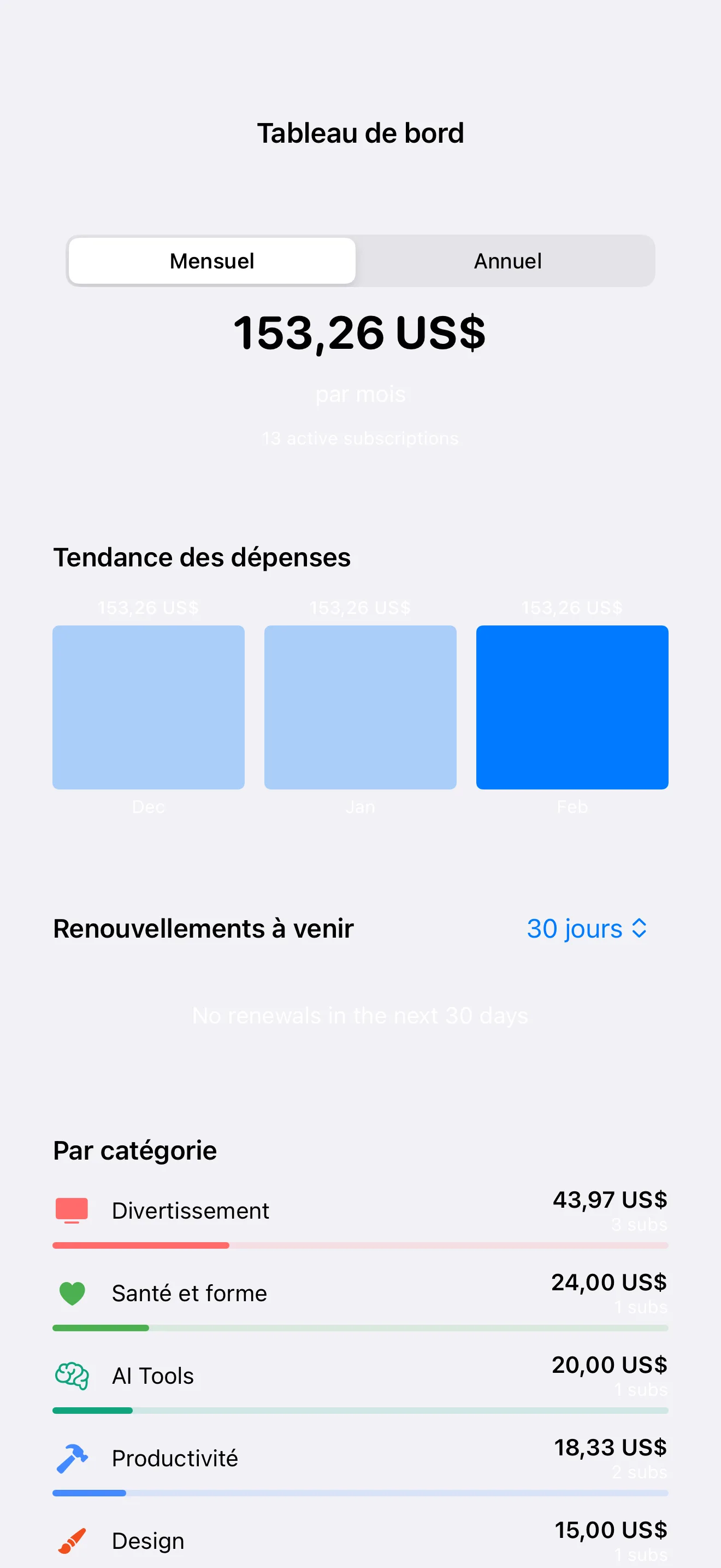 SubTracker Dashboard screen