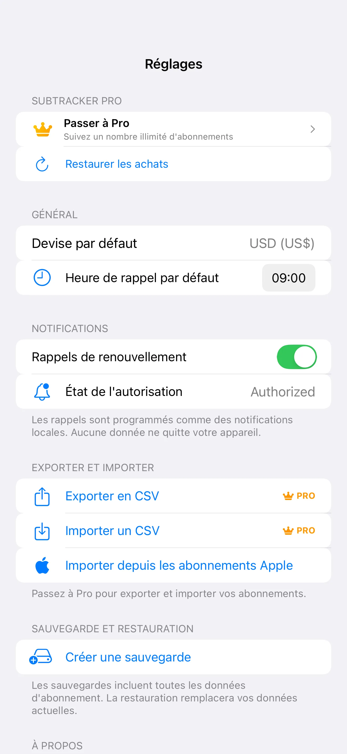 SubTracker Settings screen