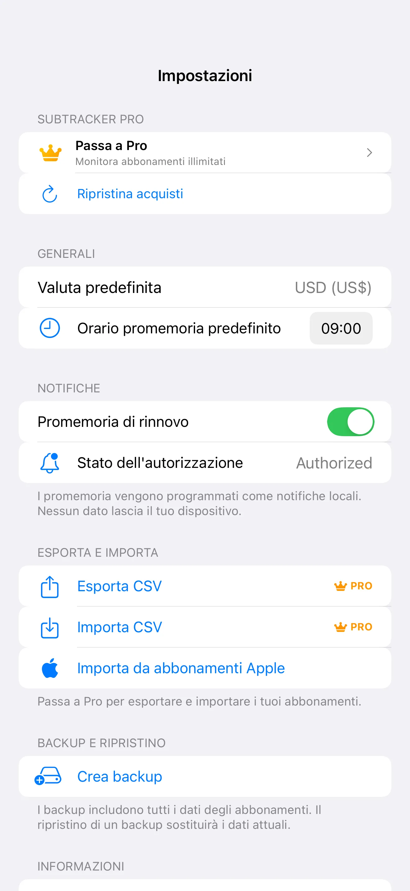 SubTracker Settings screen