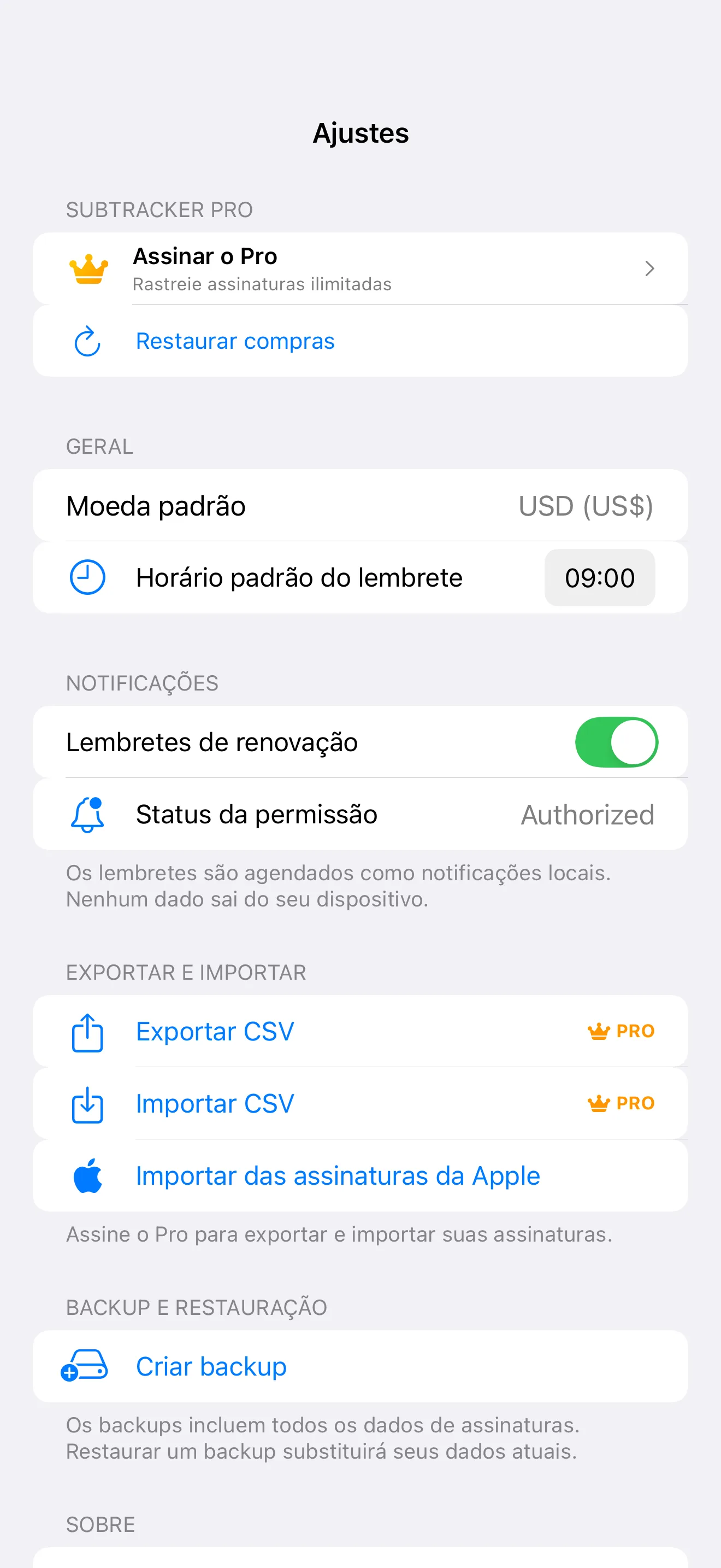 SubTracker Settings screen