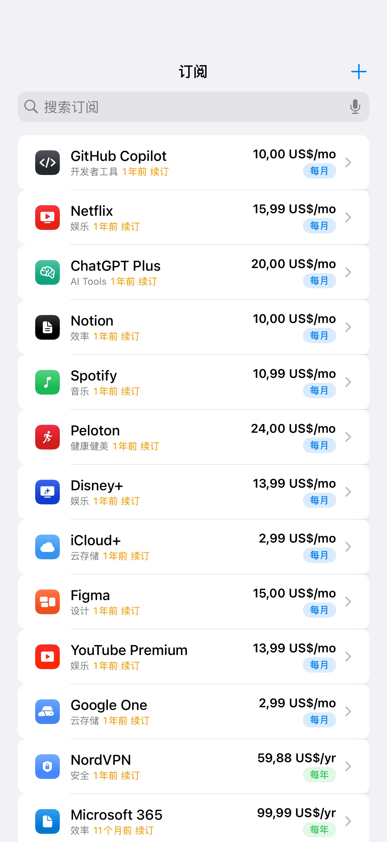 SubTracker Subscriptions screen